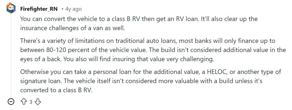Reddit discussion about lender requirements and financing challenges for private-party and non-prebuilt camper vans
