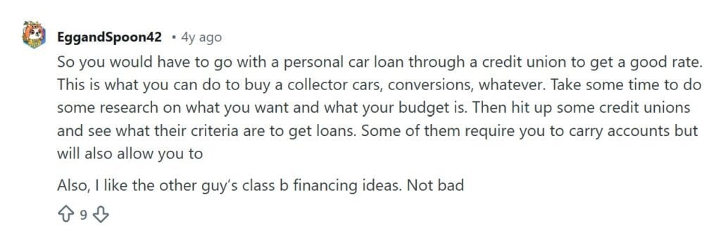 Reddit discussion about how lenders classify camper vans and how insurance and documentation affect financing approvals
