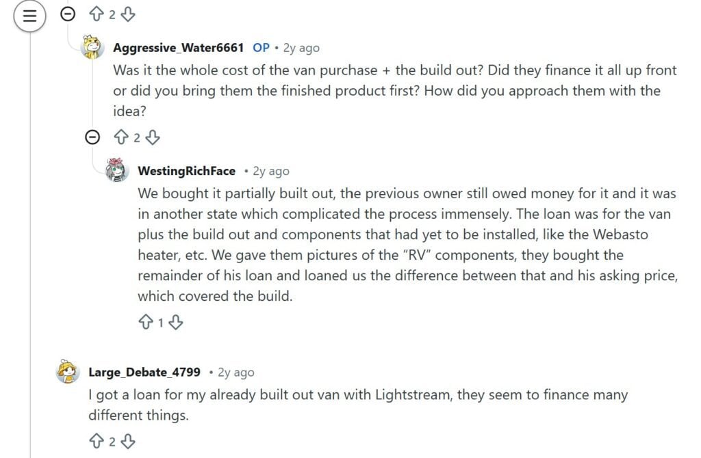 Reddit discussion showing van owners describing how they financed the van and build separately rather than using a single loan